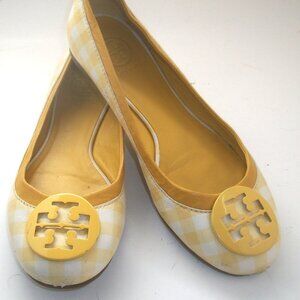 Tory Burch Minnie Yellow & White Gingham Ballet Flats w Yellow Patent Logo